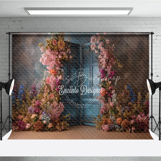Lofaris Floral Wedding Backdrop Blue Louvered Door Photo Background Pink Rose Flower Wall for Bridal Shower Photography