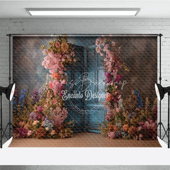 Lofaris Floral Wedding Backdrop Blue Louvered Door Photo Background Pink Rose Flower Wall for Bridal Shower Photography