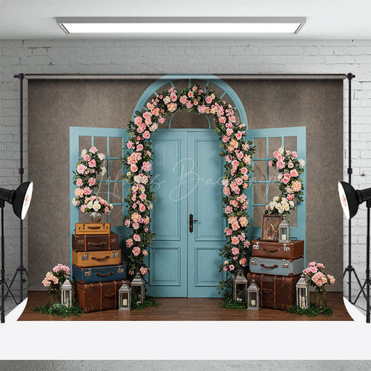 Lofaris Floral Wedding Blue Retro Door Photography Backdrop