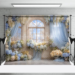 Lofaris Floral Wedding Window Backdrop Arch with Sky View Blue Hydrangea and Rose Photography Background