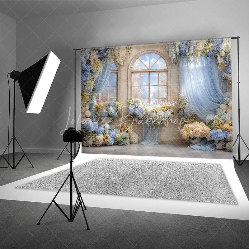Lofaris Floral Wedding Window Backdrop Arch with Sky View Blue Hydrangea and Rose Photography Background