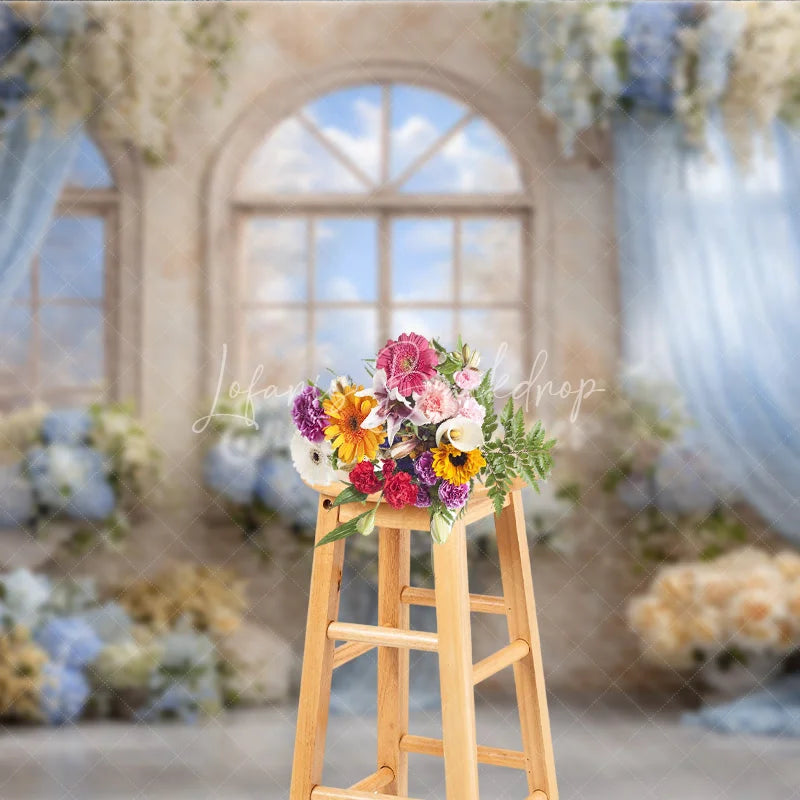 Lofaris Floral Wedding Window Backdrop Arch with Sky View Blue Hydrangea and Rose Photography Background