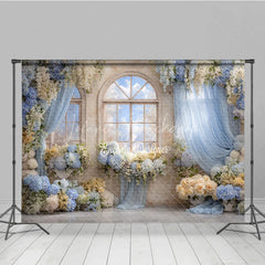 Lofaris Floral Wedding Window Backdrop Arch with Sky View Blue Hydrangea and Rose Photography Background