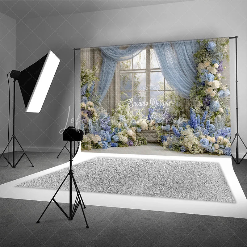 Lofaris Floral Wedding Window Backdrop Blue Drapes with Hydrangea Rose Elegant Bridal Shower Photography Props