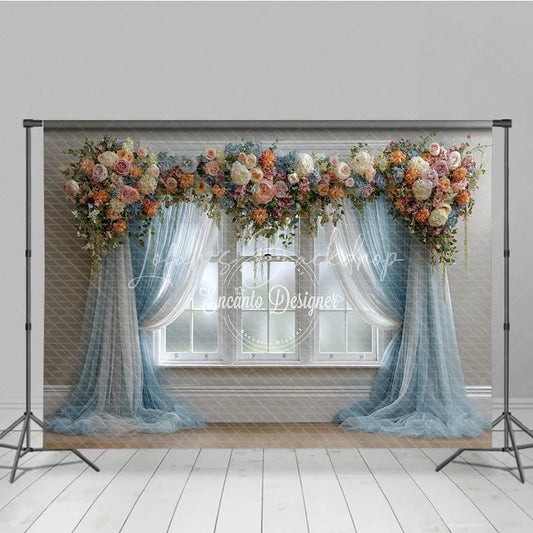 Lofaris Floral Wedding Window Backdrop Blue Drapes with Peach Rose Elegant Bridal Shower Photography Background