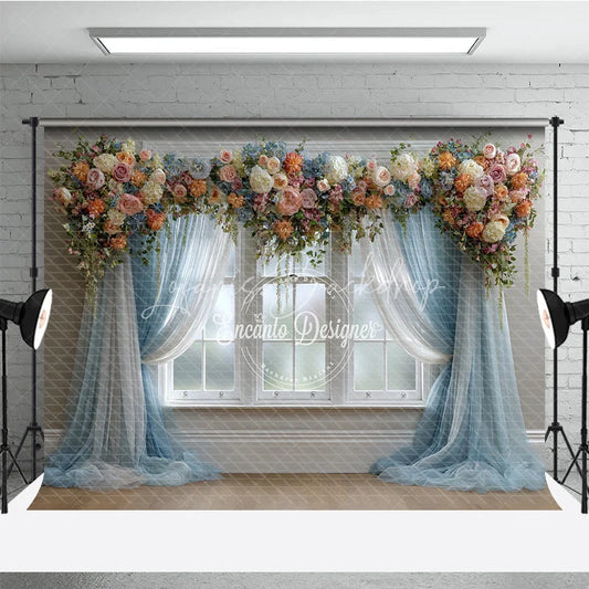 Lofaris Floral Wedding Window Backdrop Blue Drapes with Peach Rose Elegant Bridal Shower Photography Background