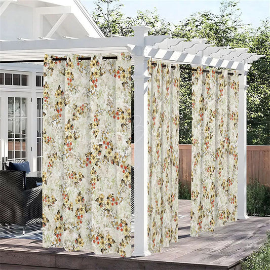 Lofaris Floral White View Waterproof Printed Outdoor Curtains
