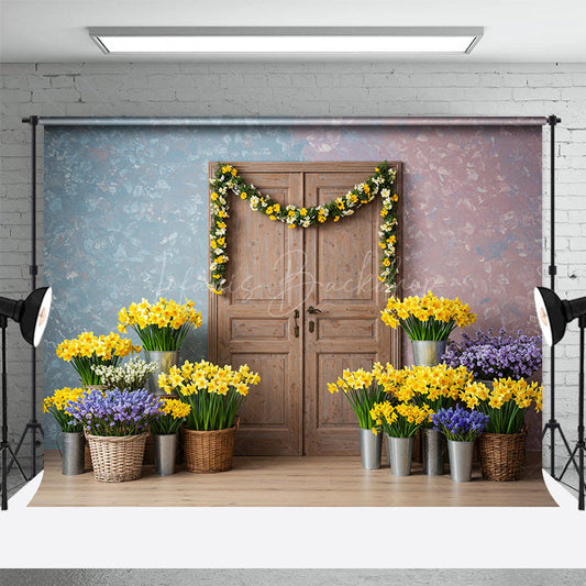 Lofaris Floral Wood Door Sweet Fresh Warm Spring Backdrop