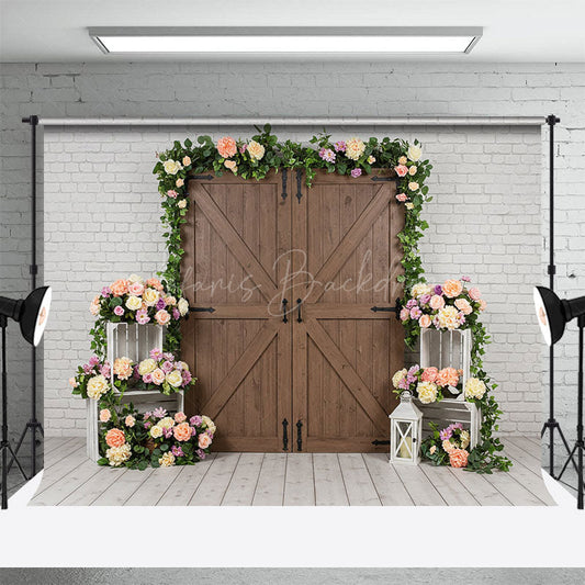 Lofaris Floral Wood Door White Brick Wall Wedding Backdrop