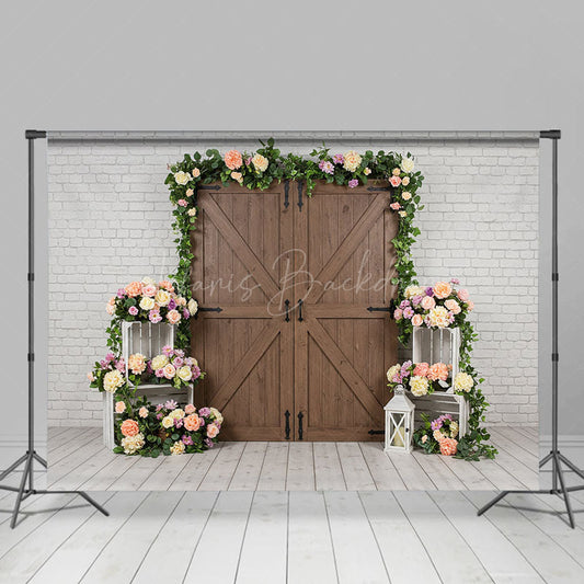 Lofaris Floral Wood Door White Brick Wall Wedding Backdrop