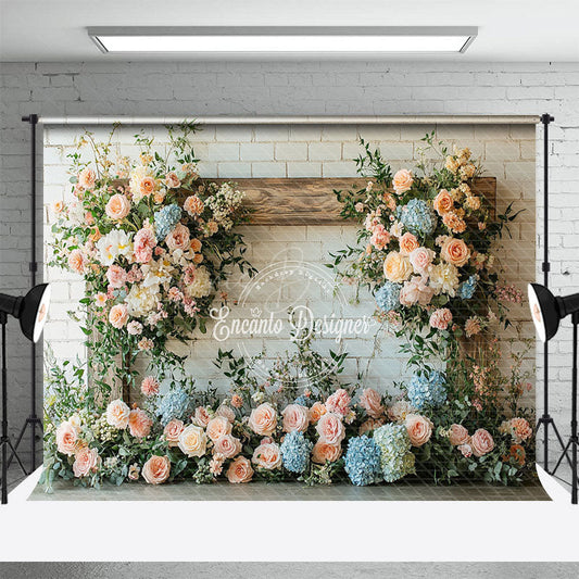 Lofaris Floral Wood White Brick Wall Sweet Wedding Backdrop
