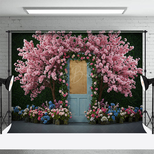 Lofaris Floral Wooden Blue Door Sweet Spring Wedding Backdrop
