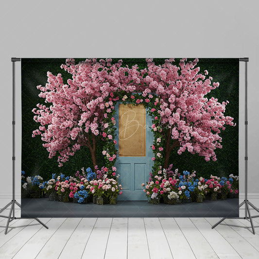 Lofaris Floral Wooden Blue Door Sweet Spring Wedding Backdrop