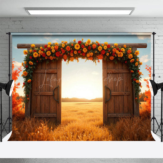 Lofaris Floral Wooden Door Autumn Field Photography Backdrop