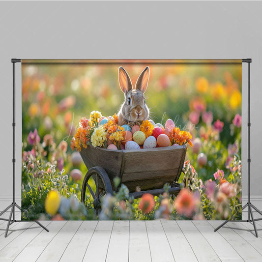 Lofaris Floral Wooden Truck With Bunny Bokeh Easter Backdrop