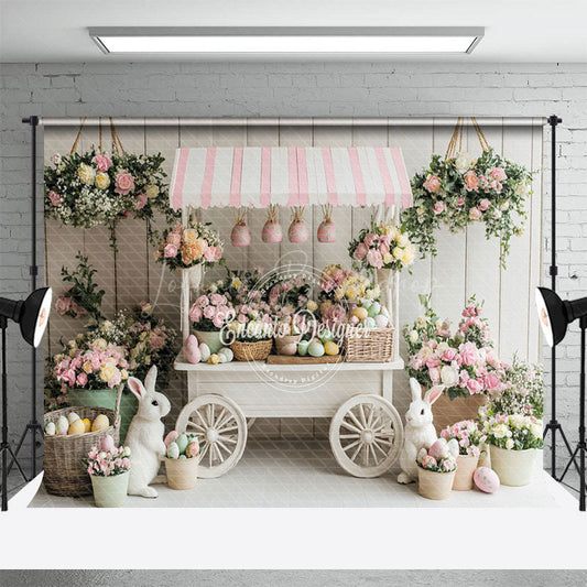 Lofaris Flower Basket Pink Trolley Rabbit Eggs Easter Backdrop