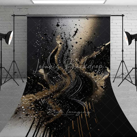 Lofaris Flowing Black and Gold Wave Abstract Backdrop Dynamic Glitter Speckles Photography Background
