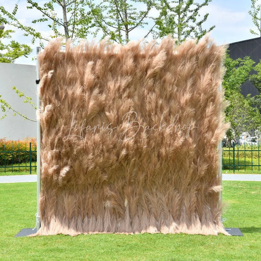 Lofaris Fluffy Light Brown Faux Pampas Grass Artificial Flower Wall Elegant Boho Rustic Event Decor Backdrop