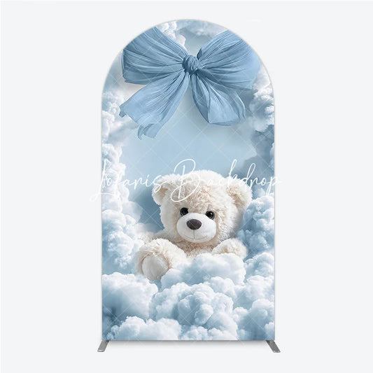 Lofaris Fluffy White Teddy Bear with Blue Bow and Clouds Round Top Arch Backdrop Dreamy Baby Shower Party Decor