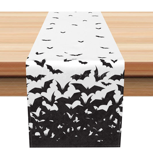 Lofaris Flying Bats Halloween Table Runner Spooky Black Bat Flock on a White Background Gothic Dining Room Decor