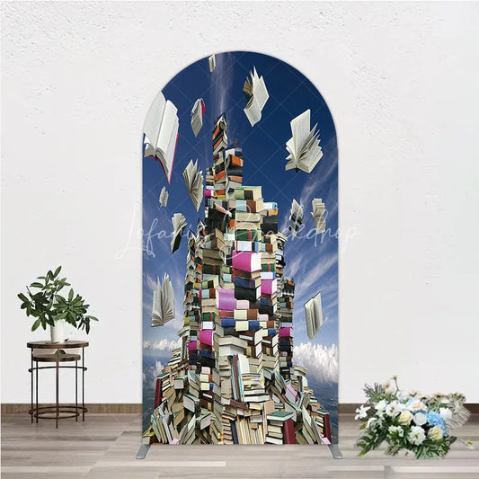 Lofaris Flying Books and Stacked Literature Round Top Arch Backdrop Blue Sky Educational Theme Decor
