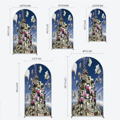 Lofaris Flying Books and Stacked Literature Round Top Arch Backdrop Blue Sky Educational Theme Decor