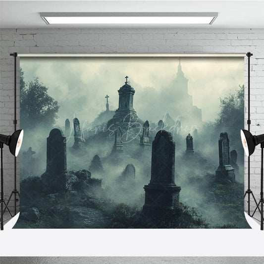 Lofaris Foggy Graveyard Photography Backdrop Spooky Cemetery with Tombstones Gothic Horror Scene for Halloween Photos