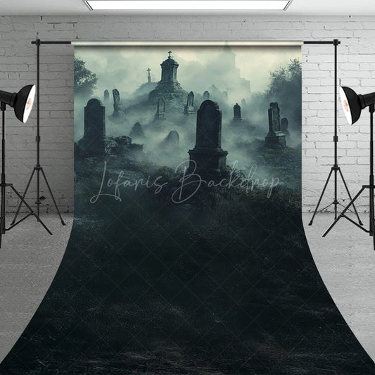 Lofaris Foggy Graveyard Sweep Backdrop Spooky Cemetery with Tombstones Gothic Horror Scene for Halloween Photos