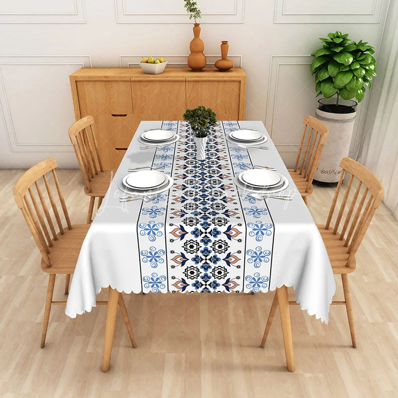 Lofaris Folk Art Floral Rectangle Tablecloth Blue and Brown Pattern Dining Table Cover