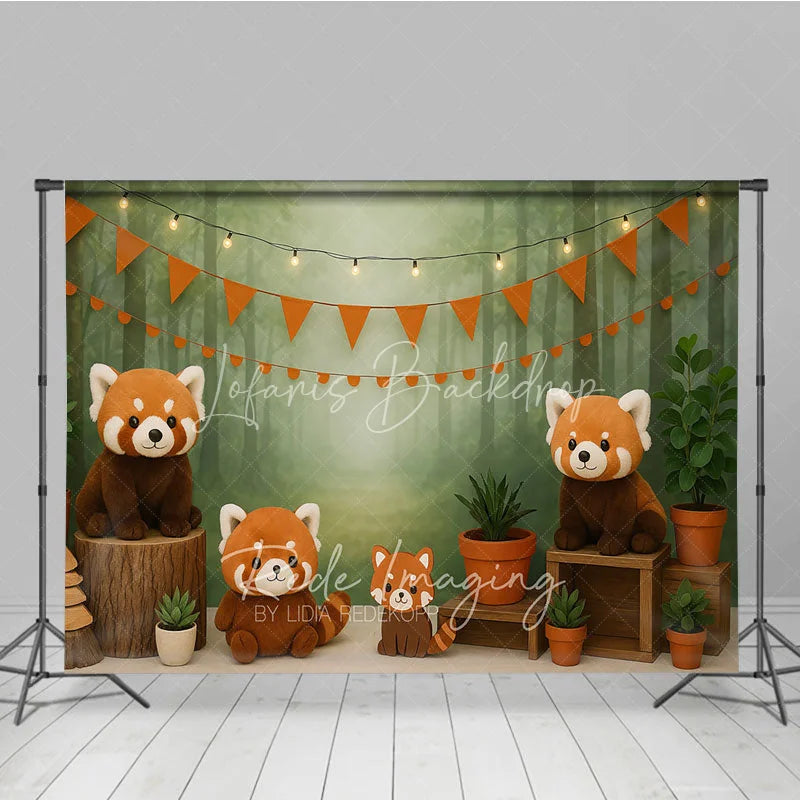 Lofaris Forest Red Panda Photography Backdrop Misty Woodland and Orange Bunting Photo Background
