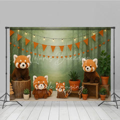Lofaris Forest Red Panda Photography Backdrop Misty Woodland and Orange Bunting Photo Background