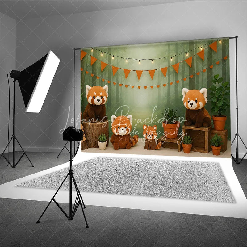 Lofaris Forest Red Panda Photography Backdrop Misty Woodland and Orange Bunting Photo Background