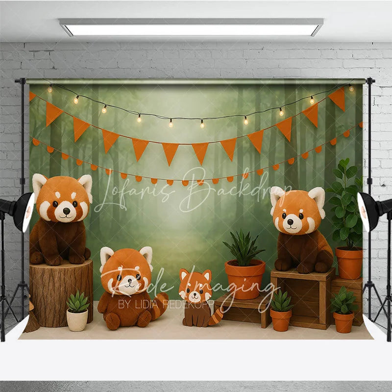 Lofaris Forest Red Panda Photography Backdrop Misty Woodland and Orange Bunting Photo Background