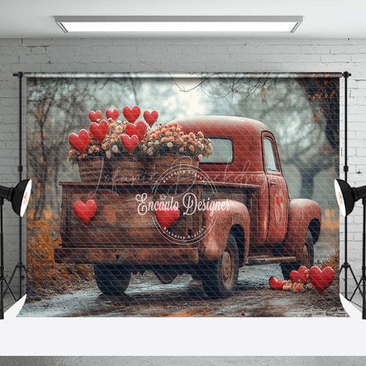 Lofaris Forest Road Retro Red Truck Floral Hearts Backdrop