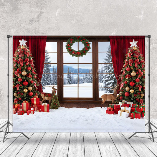 Lofaris Forest Window Scene Red Curtain Christmas Backdrop