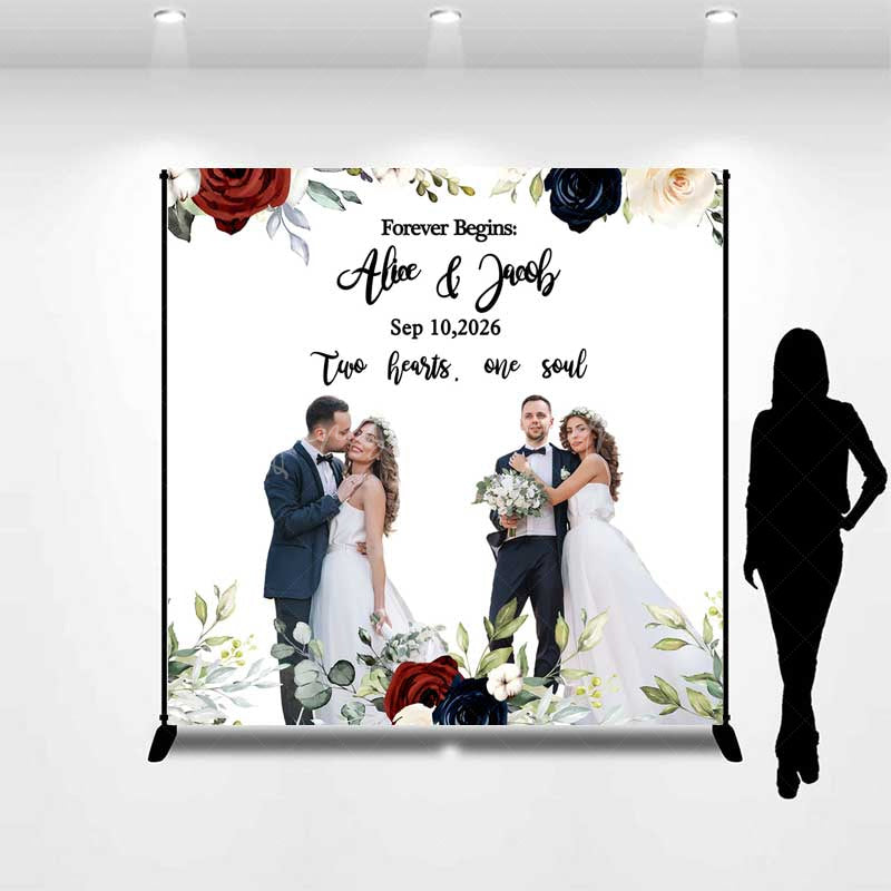 Lofaris Forever Begins Custom Wedding Backdrop Personalized Photo and Date Sign Burgundy Navy Floral Welcome Banner