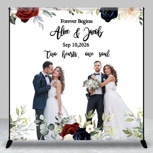 Lofaris Forever Begins Custom Wedding Backdrop Personalized Photo and Date Sign Burgundy Navy Floral Welcome Banner