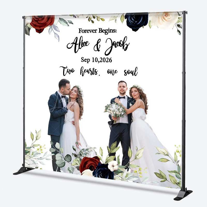 Lofaris Forever Begins Custom Wedding Backdrop Personalized Photo and Date Sign Burgundy Navy Floral Welcome Banner