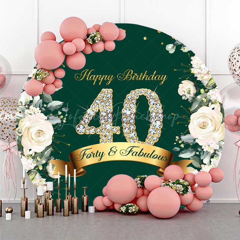 Lofaris Forty and Fabulous 40th Birthday Round Backdrop Emerald Green with Diamonds Elegant Women’s Milestone Party Decor