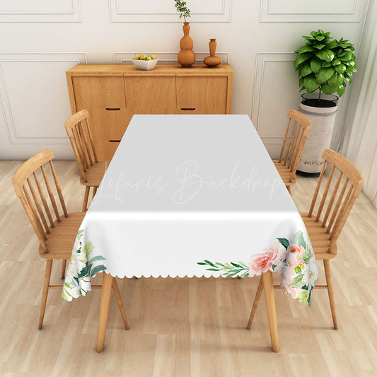 Lofaris Four Corner Flower Print White Rectangular Tablecloth