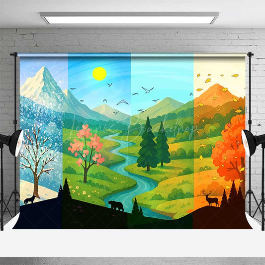 Lofaris Four Seasons of the Year Photography Backdrop Winter Spring Summer and Fall Forest Mountain Scenery Photo Prop
