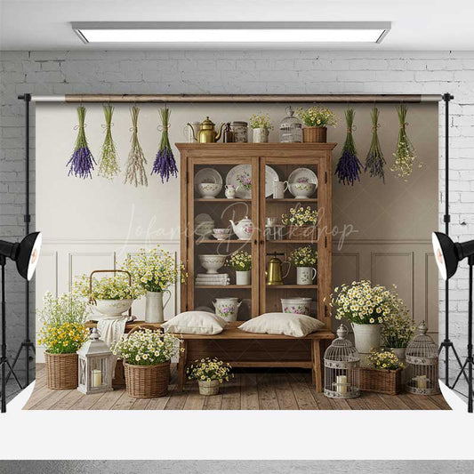 Lofaris French Country Kitchen Backdrop Rustic Hutch with Dried Lavender and Daisies Farmhouse Spring Photo Prop Decor