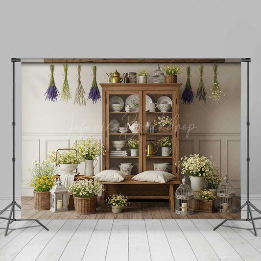 Lofaris French Country Kitchen Backdrop Rustic Hutch with Dried Lavender and Daisies Farmhouse Spring Photo Prop Decor