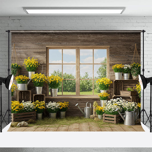 Lofaris Fresh Floral Spring Scene With Wood Cabin Backdrop