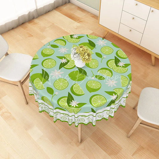 Lofaris Fresh Lime and White Floral Round Tablecloth Green Citrus Fruit Summer Party Decor