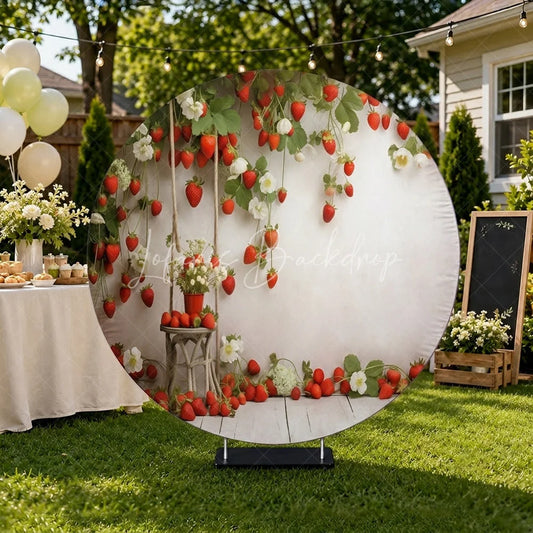 Lofaris Fresh Red Strawberry and White Blossom Round Backdrop Rustic Wooden Swing for Spring or Summer Party Decor