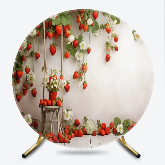 Lofaris Fresh Red Strawberry and White Blossom Round Backdrop Rustic Wooden Swing for Spring or Summer Party Decor