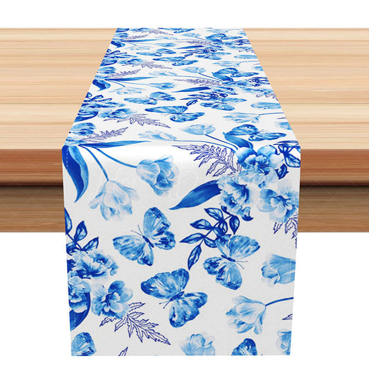 Lofaris Fresh Spring Floral Table Runner with Blue Butterflies Sweet Botanical Vibe Elegant Garden Party Kitchen Decor