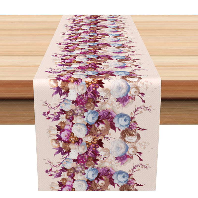 Lofaris Fresh Spring Floral Table Runner with Purple Blue and White Flowers Elegant Botanical Kitchen or Dining Decor