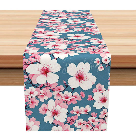 Lofaris Fresh Spring Peach Blossom Table Runner Sweet Pink Floral Design Chinese Ink Painting Style Kitchen Decor